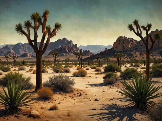 Der Joshua Tree Nationalpark ist bekannt für seine beeindruckende Landschaft, die von einzigartigen Joshua Trees und markanten Felsen geprägt ist. Auf dem Bild sind charakteristische Joshua Trees zu sehen, die in einer weitläufigen, trockenen Wüstenlandschaft stehen, umgeben von niedrigem Gesträuch und weiteren Pflanzen. Die Berge im Hintergrund verleihen der Szenerie eine dramatische Note, während die Farben des Himmels und der Erde ein typisches Bild für diese Region des südlichen Kaliforniens darstellen. Der Park bietet nicht nur atemberaubende Ausblicke, sondern auch zahlreiche Möglichkeiten zum Wandern und Erforschen der natürlichen Schönheit.