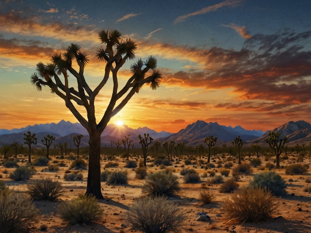 Auf dem Bild sind die charakteristischen Wüstenlandschaften im Joshua Tree Nationalpark zu sehen. Im Vordergrund steht ein Joshua Tree, der für die Region typisch ist, umgeben von trockenem, sandigem Boden und niedrigem Gestrüpp. Der Sonnenuntergang im Hintergrund taucht die Szene in warmes Licht und sorgt für eine beeindruckende Farbgebung am Himmel, während die silhouette der Berge in der Ferne deutlich sichtbar ist. Diese Szenerie vermittelt eine ruhige, natürliche Schönheit, die den einzigartigen Charakter der Wüste widerspiegelt.