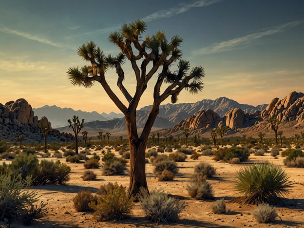 Auf dem Bild ist eine typische Landschaft des Joshua Tree Nationalparks zu sehen. Im Vordergrund steht ein Joshua Tree, umgeben von einer ariden Wüstenlandschaft mit typischen Pflanzen und Felsen im Hintergrund. Die sanften Farben des Sonnenuntergangs verleihen der Szene eine wunderschöne Atmosphäre.

Hier sind einige Tipps für deinen Besuch im Joshua Tree Nationalpark:

1. **Früh aufstehen:** Um die kühleren Temperaturen zu nutzen und die besten Lichtverhältnisse für Fotos zu haben, solltest du früh am Morgen aufbrechen.

2. **Wasser mitnehmen:** Achte darauf, ausreichend Wasser dabei zu haben, da die Temperaturen schnell steigen können.

3. **Sonnenschutz:** Sonnencreme, ein Hut und Sonnenbrillen sind wichtig, um dich vor der intensiven Sonne zu schützen.

4. **Wanderwege erkunden:** Informiere dich über die verschiedenen Wanderwege, die für unterschiedliche Schwierigkeitsgrade geeignet sind. Die Hidden Valley Trail und die Barker Dam Trail sind beliebte Optionen.

5. **Sicherheit:** Halte immer Abstand zu wilden Tieren und bleibe auf den markierten Wegen, um die Natur zu schützen.

6. **Sternenhimmel genießen:** Wenn möglich, bleibe bis nachts, um die atemberaubenden Sterne zu beobachten. Der Park ist bekannt für seine klare Sicht auf den Nachthimmel.

7. **Respektiere die Natur:** Nimm deinen Müll mit und respektiere die Tier- und Pflanzenwelt. 

Viel Spaß bei deinem Besuch!