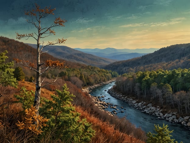 Der Shenandoah-Nationalpark, im Herzen der Blue Ridge Mountains in Virginia gelegen, ist bekannt für seine atemberaubenden Landschaften, vielfältige Tierwelt und reiche Vegetation. Auf dem Bild sieht man eine malerische Aussicht auf das Tal mit einem geschwungenen Fluss, der sich durch sanfte Hügel schlängelt. Die Landschaft ist geprägt von herbstlichen Farben, mit verschiedenen Grüntönen der Bäume und goldgelben Blättern eines einzelnen Baumes im Vordergrund. Hinter der Flusslandschaft erheben sich die sanften, blauen Berge, während der Himmel in warmen Tönen erstrahlt, was eine friedliche und einladende Atmosphäre schafft. Diese Szenerie verkörpert den natürlichen Charme, der den Shenandoah-Nationalpark zu einem beliebten Ziel für Naturliebhaber macht.