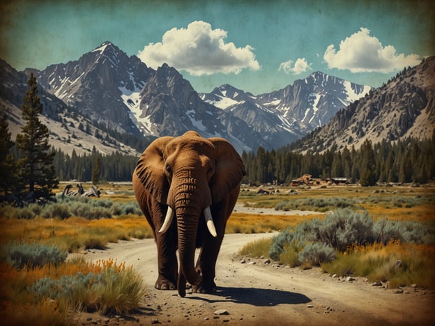 Das Bild zeigt einen majestätischen Mammut, das in einer malerischen Landschaft steht. Im Hintergrund sind beeindruckende Berge mit schneebedeckten Gipfeln zu sehen, umgeben von einer natürlichen Umgebung mit hohen Bäumen und bunten Pflanzen. Die Szenerie vermittelt eine ruhige und weitläufige Atmosphäre, die typisch für die Region um Mammoth Lakes in Kalifornien ist. Diese Gegend ist bekannt für ihre atemberaubenden Landschaften und Outdoor-Aktivitäten, was sie zu einem beliebten Ziel für Naturliebhaber macht.