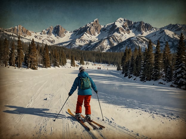 Auf dem Bild ist eine Person zu sehen, die auf Skiern fährt. Sie bewegt sich durch eine verschneite Landschaft, umgeben von hohen Bäumen und beeindruckenden Bergen im Hintergrund. Diese Szene erinnert stark an Skifahren in Mammoth Lakes, einem beliebten Skigebiet in Kalifornien, das für seine schönen Pisten und atemberaubende Natur bekannt ist. Die winterliche Umgebung lädt zu einem aufregenden Skiabenteuer ein.