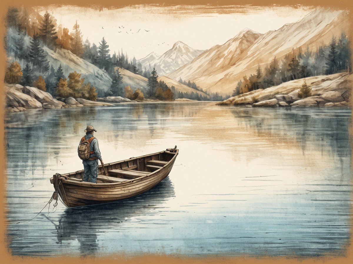 Ein Angler steht in einem kleinen Holzboot auf einem ruhigen Gewässer und fischt. Im Hintergrund sind majestätische Berge zu sehen, umrahmt von Bäumen und sanften Hügeln. Die Farben sind in sanften Erdtönen gehalten und reflektieren die ruhige Stimmung der Natur. Der Angler trägt eine Mütze und hat einen Rucksack auf dem Rücken. Das Wasser spiegelt die Umgebung wider und verstärkt das friedliche Ambiente der Szene.