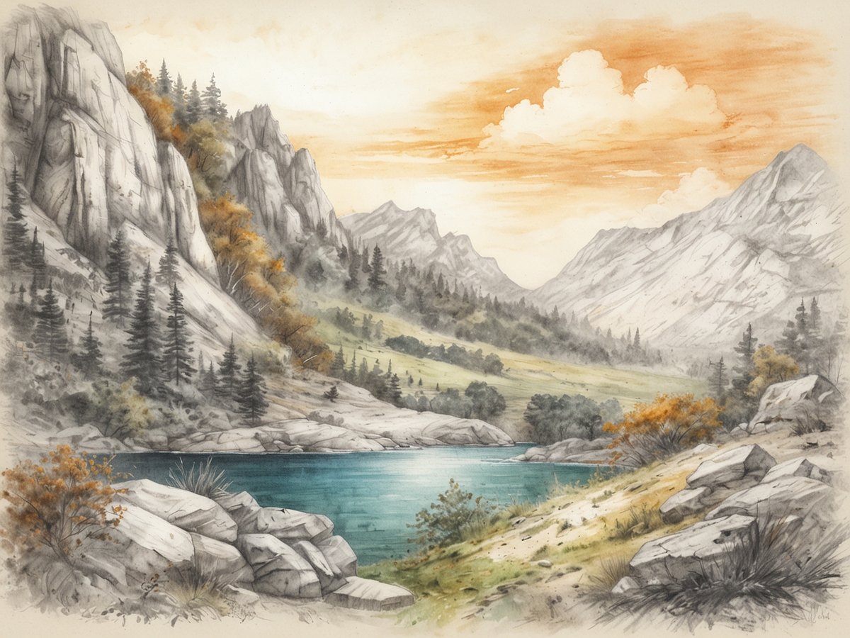 Eine malerische Landschaft mit einem ruhigen, klaren See im Vordergrund, umgeben von sanften Hügeln und majestätischen Bergen im Hintergrund. Die Ufer sind mit großen, grauen Steinen und gesunden, grünen Pflanzen gesäumt. Dichte Nadelbäume wachsen an den Hängen, während orangefarbene und gelbe Laubbäume Akzente setzen. Der Himmel ist in sanften Pastellfarben gehalten, mit leichten Wolken, die eine friedliche Atmosphäre verbreiten. Dieses Bild vermittelt ein unbeschwertes Naturerlebnis.