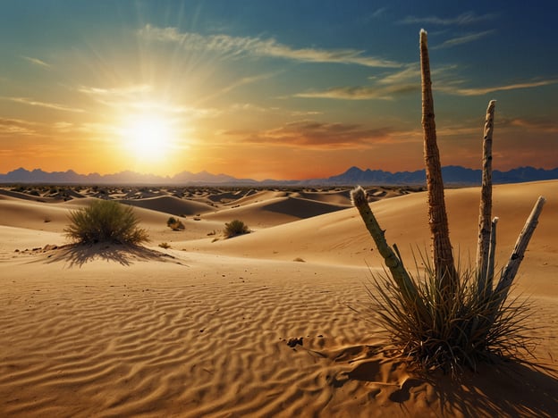 Das Bild zeigt eine atemberaubende Wüstenlandschaft bei Sonnenuntergang. Die sanften Sanddünen dehnen sich weit und breit aus, während das warme Licht der Sonne die Landschaft in goldene und orangefarbene Töne taucht. Am Vordergrund sind einige Pflanzen zu sehen, die sich an die rauen Bedingungen der Wüste angepasst haben. Die Kombination aus den welligen Sandmustern und der schroffen Bergkette im Hintergrund schafft einen faszinierenden Kontrast und vermittelt ein Gefühl der Weite und Stille, das man oft in der Wüste erlebt.