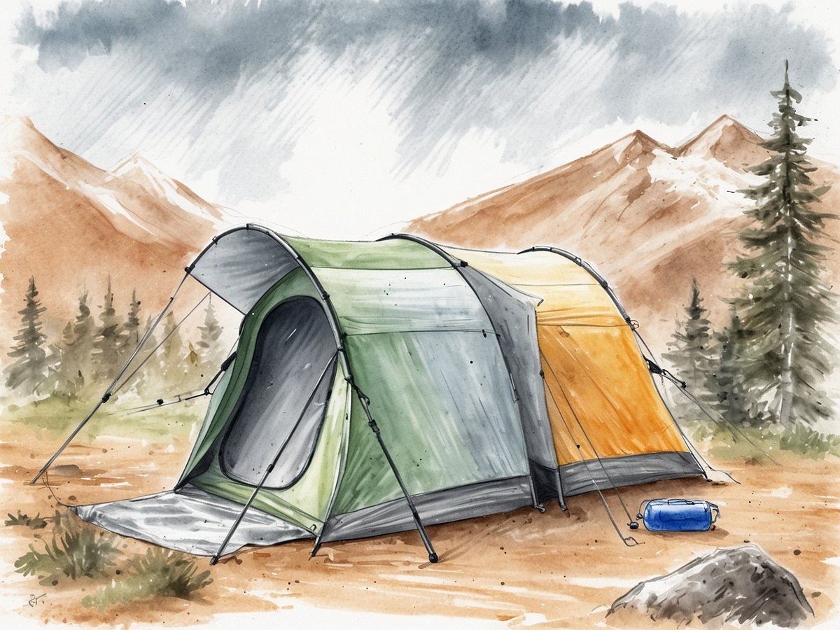 Ein grün-orangefarbenes Zelt steht in einer natürlichen Umgebung mit Bergen im Hintergrund. Es hat eine offene Tür und eine graue Bodenplane, die ausgebreitet ist. Neben dem Zelt liegt ein blauer Campingdusche-Behälter. Die Landschaft ist von Nadelbäumen und felsigen Bergen umgeben, während der Himmel leicht bewölkt ist.