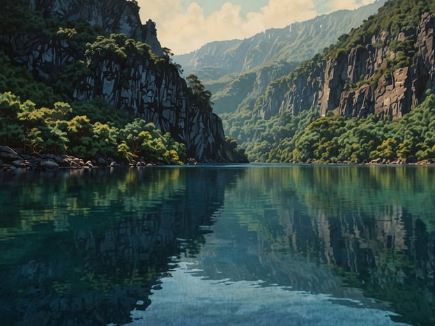 Auf dem Bild ist eine malerische Landschaft zu sehen, die durch das ruhige Wasser eines Sees und steile, bewaldete Berge geprägt ist. Die Schönheit dieser Szenerie erinnert an die atemberaubenden Ausblicke, die man am Crater Lake genießen kann. Die klaren, spiegelnden Wasserflächen reflektieren die umgebenden Berge und das üppige Grün der Vegetation, was eine friedliche und eindrucksvolle Atmosphäre schafft. Diese harmonische Verbindung von Wasser und Landschaft gibt dem Betrachter ein Gefühl von Ruhe und Erhabenheit.