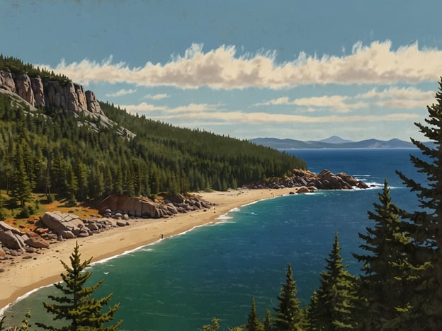 Auf dem Bild ist eine malerische Küstenlandschaft zu sehen, die an den Acadia Nationalpark erinnert. Die sanften Wellen des kristallklaren Wassers schlagen sanft auf den Sandstrand, der von großen, runden Steinen gesäumt wird. Im Hintergrund befinden sich hohe, bewaldete Hügel und felsige Klippen, die von dichten Nadelbäumen bedeckt sind. Die Wolken am Himmel erzeugen eine beeindruckende Kulisse, die den natürlichen Charme und die Schönheit des Parks betont. Diese Szenerie ist typisch für die atemberaubenden Ausblicke und abwechslungsreiche Landschaften des Acadia Nationalparks.