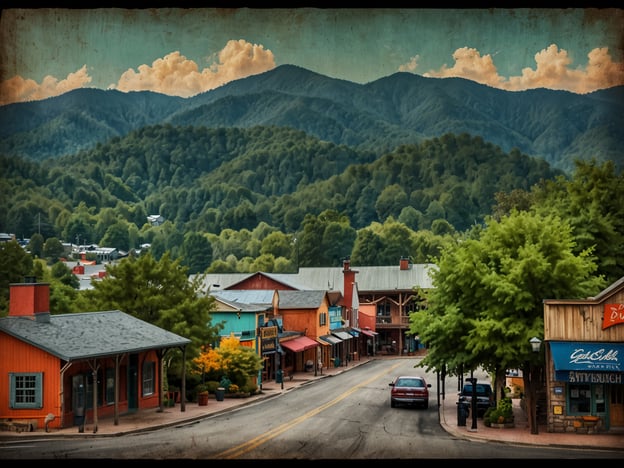 Auf dem Bild ist eine malerische Straße in Gatlinburg zu sehen, umgeben von grünen Hügeln und Bergen. Die beeindruckende Landschaft ist typisch für die Appalachen und bietet eine atemberaubende Kulisse. Entlang der Straße stehen bunte, rustikale Gebäude, die Geschäfte und Restaurants beherbergen, was zur charmanten Atmosphäre der Stadt beiträgt. Die üppige Natur und die gebirgige Umgebung machen Gatlinburg zu einem beliebten Ziel für Touristen, die die Schönheit der Natur und Outdoor-Aktivitäten genießen möchten.