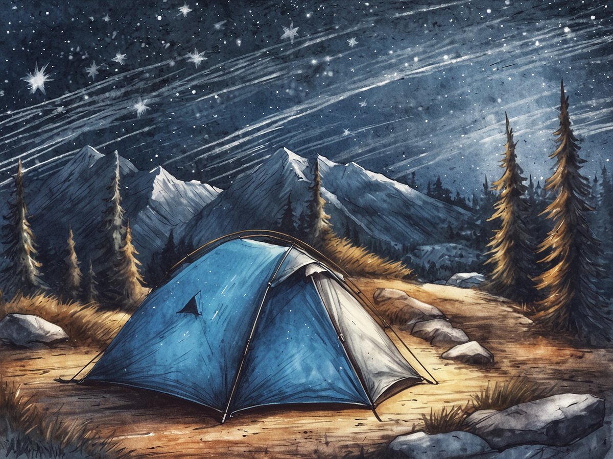 Ein blauer Campingzelt steht auf einem geräumigen Platz in der Natur, umgeben von hohen Tannen und größeren, schneebedeckten Bergen im Hintergrund. Der Nachthimmel ist stark mit Sternen gesprenkelt und zeigt eine Vielzahl von leuchtenden Punkten sowie leichten Streifen, die auf ein beeindruckendes Sternschnuppenereignis hindeuten. Die Szene vermittelt eine ruhige und friedliche Atmosphäre, ideal für das Biwakieren unter freiem Himmel.