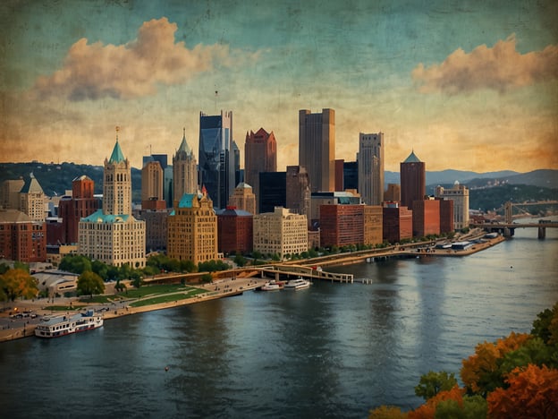 Auf dem Bild ist die Skyline von Pittsburgh zu sehen, die charakteristischen Hochhäuser und architektonischen Highlights der Stadt sind deutlich erkennbar. Die Szene zeigt den Fluss, der sich ruhig durch die Stadt schlängelt, sowie Grünflächen am Ufer. Diese Darstellung spiegelt Pittsburghs Wandel wider, von einer Industrie- zu einer technologieorientierten Stadt. Die Mischung aus historischen und modernen Gebäuden symbolisiert die Entwicklung und den Fortschritt der Stadt. Die sanften Farben und die malerische Atmosphäre verleihen dem Bild einen nostalgischen Touch, der die vielschichtige Geschichte Pittsburghs hervorhebt.