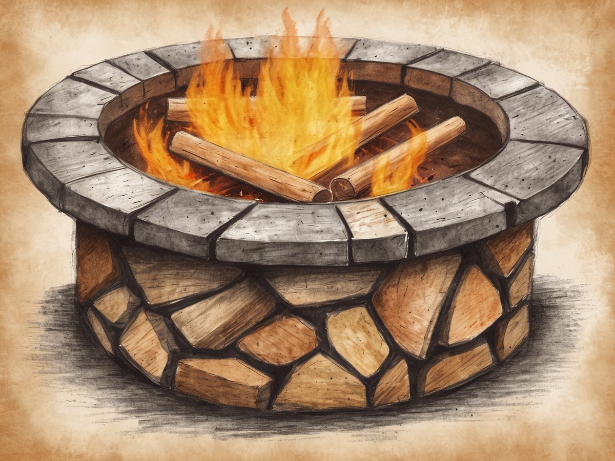 Eine Feuerstelle mit einem runden, steinernen Kamin umgeben von grob behauenen Steinen. In der Mitte brennen einige Holzscheite, aus denen orangefarbene Flammen aufsteigen. Die Struktur hat eine rustikale Optik und der Hintergrund ist in sanften, erdigen Tönen gehalten.