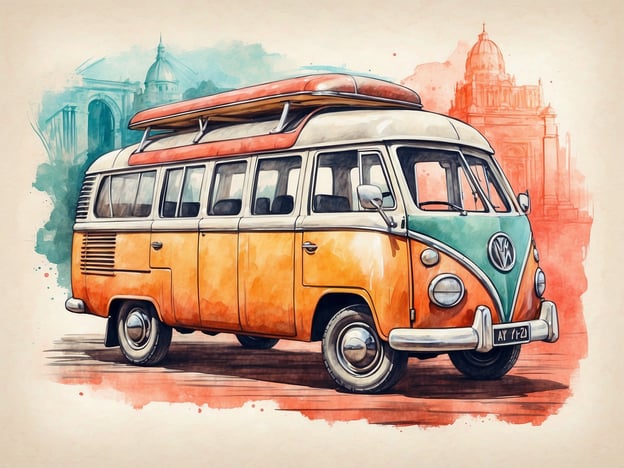 Auf dem Bild ist ein nostalgischer VW-Bus zu sehen, der oft mit Reisen und Abenteuer in Verbindung gebracht wird. Er könnte für einen Roadtrip genutzt werden, um verschiedene Veranstaltungen wie Musikfestivals oder Campingausflüge zu besuchen. Das gezeichnete Design erweckt den Eindruck von Freiheit und unbeschwerten Tagen, die man mit Freunden oder der Familie verbringen könnte. Solche Fahrzeuge werden häufig für Treffen von Oldtimer-Liebhabern oder Camping-Retreats genutzt.