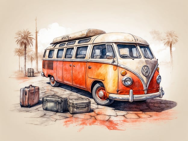 Auf dem Bild ist ein nostalgischer VW-Bus zu sehen, der in einem orange-weißen Farbdesign gestaltet ist. Solche Fahrzeuge sind bekannt für ihren ikonischen Look und ihre Beliebtheit bei Campern und Reisenden. Der Bus steht auf einer gepflasterten Straße, umgeben von einigen Koffern, was darauf hindeutet, dass er gerade für eine Reise vorbereitet wurde.

Dieser Typ von VW-Bus ist besonders bei Reisenden und Abenteurern beliebt, die die Freiheit des Campens schätzen. Die Kombination aus einem Vintage-Gefühl und der Möglichkeit, mobil zu sein, macht ihn zu einem attraktiven Fahrzeug für viele. Besucher von Festivals oder Campingplätzen haben oft eine besondere Verbindung zu diesem Fahrzeugtyp, da es Erinnerungen an unbeschwerte Reisen und Erlebnisse mit Freunden und Familie weckt. 

Zusätzlich vermittelt die Umgebung mit den Palmen und dem warmen Farbton ein Gefühl von Urlaub und Sommer. Solche Bilder inspirierten viele, die Straßen der Welt zu erkunden und spontane Abenteuer zu erleben.