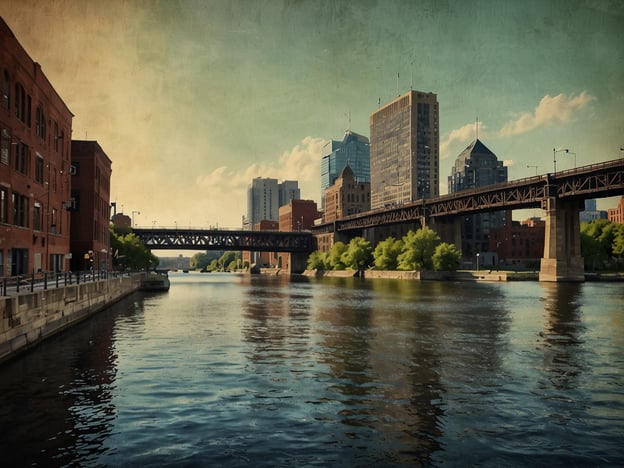 Auf dem Bild ist der Milwaukee River zu sehen, der als Lebensader der Stadt Milwaukee fungiert. Die ruhigen Wasserflächen spiegeln die umgebenden Bauten wider, während Brücken und Baumwuchs das Bild prägen. Die historische Bauweise der Gebäude auf der linken Seite und die modernen Wolkenkratzer im Hintergrund zeigen die Verschmelzung von Tradition und Fortschritt in dieser urbanen Umgebung. Der Fluss selbst ist nicht nur eine natürliche Ressource, sondern auch ein kultureller und wirtschaftlicher Mittelpunkt der Stadt.