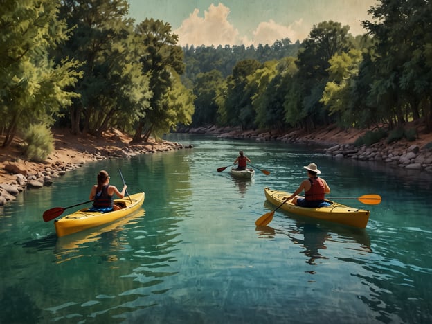 Auf dem Bild sind mehrere Personen zu sehen, die in gelben Kajaks auf einem ruhigen Fluss paddeln. Die Szenerie erinnert an den Milwaukee River, wo Wassersportarten wie Kajakfahren sehr beliebt sind. Umgeben von üppigen Bäumen und einer klaren Wasseroberfläche wirkt die Umgebung friedlich und einladend. An den Ufern sind kleine Steine und sandige Bereiche zu erkennen, die für die Natur und Freizeitaktivitäten rund um den Fluss typisch sind. Solche Ausblicke bieten eine großartige Möglichkeit, die Natur zu genießen und aktiv zu sein.