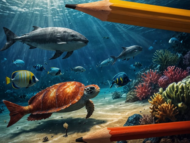 Auf dem Bild ist eine lebendige Unterwasserlandschaft zu sehen. Es gibt verschiedene Fische, darunter eine Schildkröte und Haie, die in einem klaren, blauen Wasser schwimmen. In der Umgebung sind Korallen und andere Meereslebewesen sichtbar, und es sind einige Buntstifte zu sehen, die auf das Bild hinzugefügt wurden. 

Fazit: Ein unvergessliches Abenteuer in Key Largo.