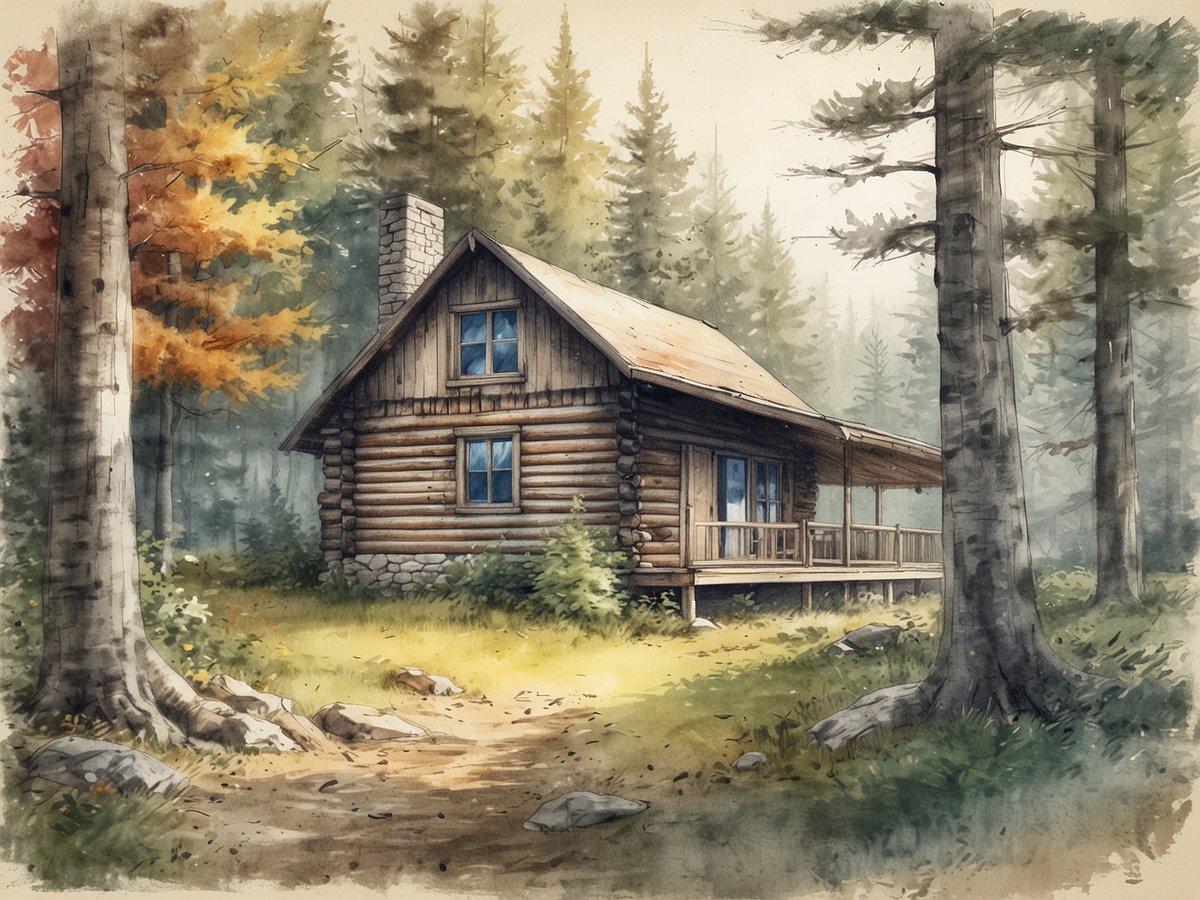 Eine gemütliche Campinghütte aus Holz steht inmitten eines Waldgebiets. Die Hütte hat einen steinernen Schornstein und große Fenster, die viel Licht hereinlassen. Vor der Hütte erstreckt sich ein schmaler Weg, der von sanfter Vegetation und kleinen Felsen gesäumt ist. Im Hintergrund sind hohe, grüne Bäume und einige bunte Blätter zu sehen, die auf den Herbst hindeuten. Die Szene vermittelt eine friedliche und einladende Atmosphäre.