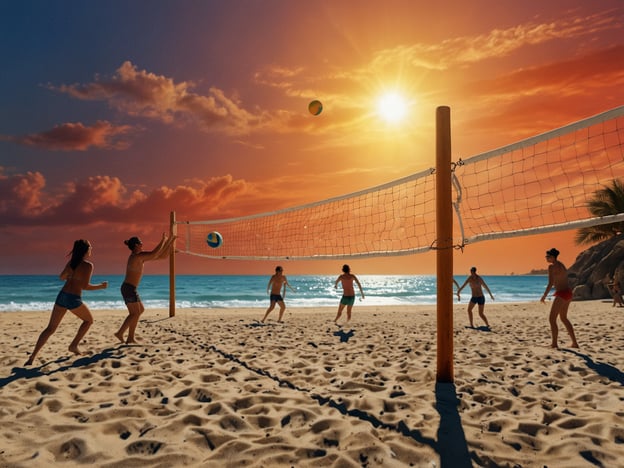 Auf dem Bild sind mehrere Menschen zu sehen, die Beachvolleyball am Meer spielen. Die Szene findet an einem sonnigen Strand statt, und der Himmel ist mit warmen Farben eines Sonnenuntergangs gefärbt. Die Spieler scheinen Spaß zu haben und sind aktiv, während sie den Ball über das Netz schlagen. Diese Art von Aktivität ist typisch für einen entspannten Tag am Strand, wo man Sport treiben und die Natur genießen kann.