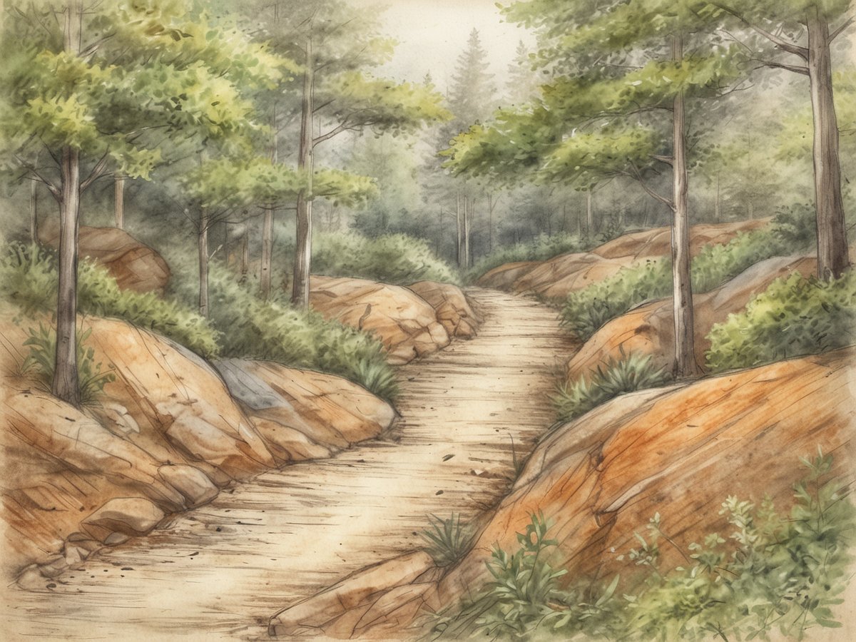Ein ruhiger Wanderweg schlängelt sich durch einen Naturpark, umgeben von grünen Bäumen und sanften Hügeln aus Felsen. Die Bäume tragen frisches Laub und die Umgebung ist von sanftem Licht durchflutet. Der Weg ist aus Erde und Sand und von Sträuchern und kleinen Pflanzen gesäumt, was eine friedliche und einladende Atmosphäre schafft. Im Hintergrund sind weitere Bäume und eine leichte Nebelstimmung zu erkennen.