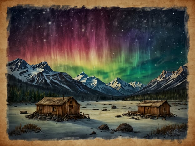 Das Bild zeigt eine wunderschöne, malerische Landschaft, die von den Nordlichtern (Aurora Borealis) erleuchtet wird. Diese faszinierenden Lichtspiele sind ein charakteristisches Phänomen in der Region Fairbanks, Alaska, wo man oft die Gelegenheit hat, dieses Spektakel zu bewundern. 

Fairbanks ist bekannt für seine außergewöhnliche Natur, die von majestätischen Bergen, dichten Wäldern und weiten Ebenen geprägt ist. Die Stadt liegt in einer der besten Regionen, um die Nordlichter zu beobachten, besonders während der Herbst- und Wintermonate. Diese beeindruckenden Lichter entstehen durch den Sonnenwind, der auf die Erdatmosphäre trifft und dabei leuchtende Farben wie Grün, Blau und Purpur erzeugt. 

Zusätzlich zu den Nordlichtern bietet Fairbanks viele Outdoor-Aktivitäten, wie Wandern, Skifahren und Hundeschlittenfahren, was die Stadt zu einem beliebten Ziel für Natur- und Abenteuerliebhaber macht.