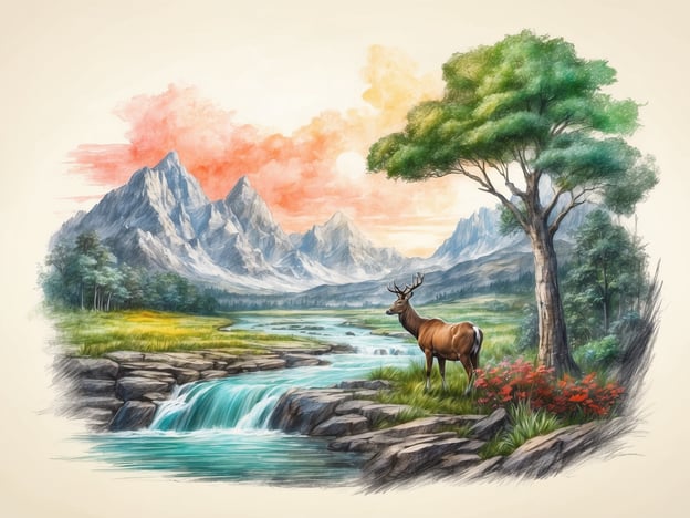 Auf dem Bild ist eine idyllische Naturlandschaft zu sehen, die von Bergen, einem klaren Bach mit Wasserfall und üppigem Grün geprägt ist. Ein majestätisches Reh steht an einem Ufer, umgeben von bunten Blumen und Bäumen. Diese Szenerie erinnert an die Naturlandschaft im Zoo Heidelberg, wo Besucher eine Vielfalt an Tieren in naturnahen Lebensräumen erleben können. Die harmonische Verbindung zwischen Tier und Landschaft unterstreicht die Schönheit der Natur.