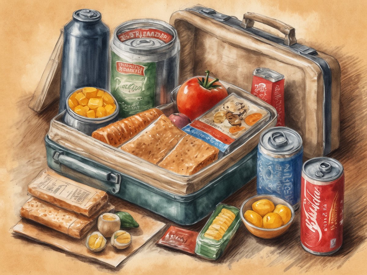 Eine alte Lunchbox ist geöffnet und enthält verschiedene Proviantartikel. In der Box liegen zwei runde Knäckebrote, ein eingepacktes Snackpaket mit Keksen und ein roter Apfel. Neben der Box befindet sich eine Dose mit gelben Pfirsichen, eine grüne Dose, die vermutlich Gemüse enthält, sowie mehrere Getränkedosen in unterschiedlichen Farben, darunter eine rote und eine blaue. Auf einer Papiertafel liegen noch ein paar Energie-Riegel und kleine Snacks, zusammen mit einer Schale orangenen Früchten. Der Hintergrund ist hell und beige.
