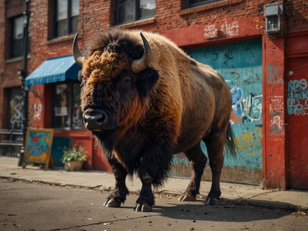 Auf dem Bild ist ein amerikanischer Bison zu sehen, der in einer urbanen Umgebung steht. Die Kulisse weist typische Merkmale einer aufstrebenden Kunstszene auf, mit graffitibedeckten Wänden und der unkonventionellen Atmosphäre, die für viele kreative Viertel in Städten wie Buffalo charakteristisch ist. Diese Stadt hat in den letzten Jahren einen kreativen Aufschwung erlebt, wobei lokale Künstler und Gemeinschaften gemeinsam an Projekten arbeiten, die Kunst und Kultur unterstützen. Der Bison könnte symbolisch für Buffalos kulturelles Erbe und die Verbindung zur Natur stehen, während die lebendige Stadtumgebung die dynamische Kunstszene widerspiegelt.