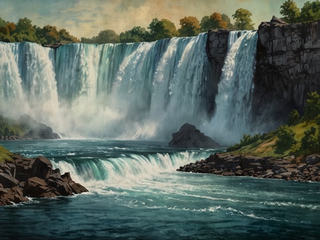 Auf dem Bild sind die Niagarafälle zu sehen, die beeindruckend in die Tiefe stürzen. Der Einfluss der Niagarafälle auf die Kunstszene ist bedeutend, da viele Künstler und Maler von der majestätischen Schönheit und der mächtigen Natur der Fälle inspiriert wurden. Diese Naturwunder finden sich häufig in Gemälden und Fotografien, die versuchen, die Kraft und Erhabenheit des Wasserfalls einzufangen. Die sanften Farben und das dynamische Wasser in der Darstellung erinnern an die Ästhetik, die viele Künstler anstreben, um die Verbindung zwischen Natur und Kunst zu verdeutlichen.