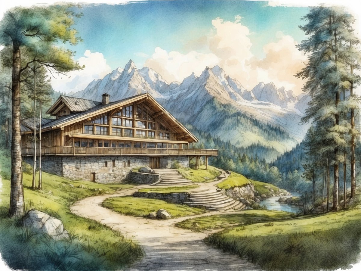 Das Bild zeigt das Nationalparkzentrum Lusen, ein ansprechend gestaltetes Holzgebäude mit großen Fenstern, das harmonisch in die Naturlandschaft integriert ist. Es befindet sich vor einer beeindruckenden Bergkulisse mit schroffen Gipfeln und ist von grünen Wiesen und Bäumen umgeben. Ein geschwungener Weg führt zum Gebäude, das von Natur und Ruhe umgeben ist, während ein kleiner Wasserlauf in der Nähe fließt. Am Himmel sind sanfte Wolken sichtbar, die das friedliche Ambiente des Ortes unterstreichen.