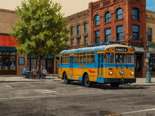 Auf dem Bild ist eine lebendige Straßenszene in Boise zu sehen. Ein farbenfroher, gelber und blauer Oldtimer-Bus fährt durch die Straße. Auf der linken Seite sitzen mehrere Personen an Tischen und genießen die Zeit im Freien, während ein großer Baum Schatten spendet. Im Hintergrund erkennt man historische Gebäude, die zur charmanten Atmosphäre der Stadt beitragen. Diese Darstellung vermittelt das gemütliche und einladende Stadtleben in Boise.