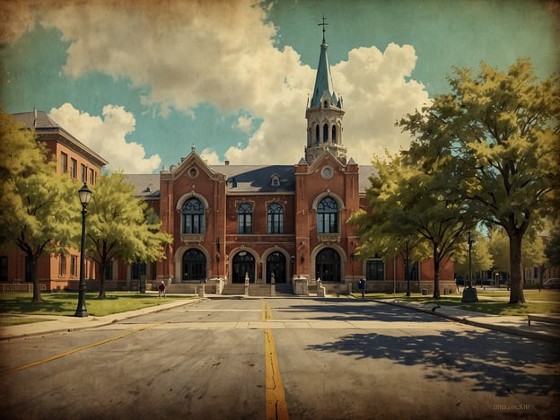 Das Bild zeigt ein historisches Gebäude mit einer charakteristischen Architektur, das von Bäumen umgeben ist. Es scheint sich um eine Institution oder eine öffentliche Einrichtung zu handeln, möglicherweise in Charlottesville, einer Stadt, die für ihre reiche Geschichte und die Präsenz von Bildungseinrichtungen bekannt ist. Die Architektur und die Atmosphäre des Bildes vermitteln ein Gefühl von Tradition und Bedeutung.