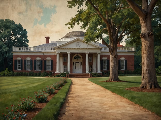 Auf dem Bild ist möglicherweise das Monticello zu sehen, das ehemalige Anwesen von Thomas Jefferson in Charlottesville, Virginia. Monticello ist eine bedeutende historische Stätte und ein Beispiel für neoklassizistische Architektur. Es ist bekannt für seine Gärten und die eindrucksvolle Aussicht auf die umliegende Landschaft. Thomas Jefferson, der dritte Präsident der Vereinigten Staaten, entwarf das Gebäude selbst und lebte dort bis zu seinem Tod. Das Anwesen ist heute ein UNESCO-Weltkulturerbe und zieht viele Besucher an, die mehr über Jeffersons Leben und die Geschichte der Sklaverei in den USA erfahren möchten.