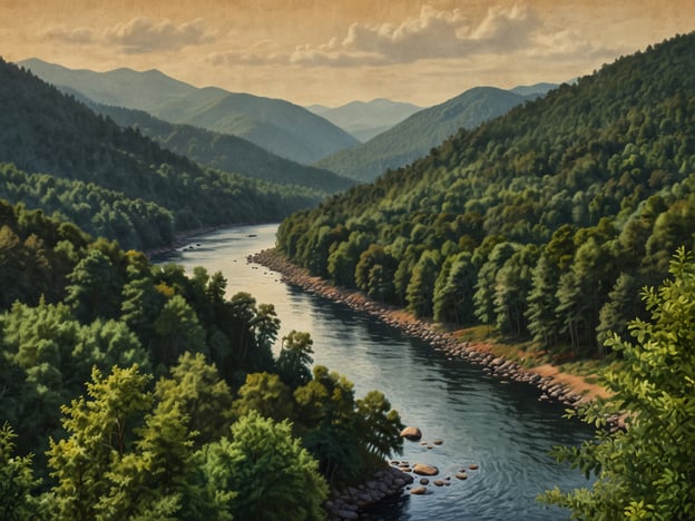 Auf dem Bild ist eine malerische Landschaft mit einem ruhigen Fluss zu sehen, der sich durch eine üppige, bergige Umgebung schlängelt. Die sanften Hügel sind von dichten Wäldern bedeckt, die in verschiedenen Grüntönen leuchten. Im Hintergrund sind die charakteristischen, leicht gewellten Berge der Appalachen zu sehen, die einen wunderschönen Himmel mit einigen Wolken umrahmen.

Diese Art von Naturschönheiten ist typisch für die Region rund um Knoxville, die für ihre atemberaubenden Ausblicke und die reiche Flora bekannt ist. Besonders die Smoky Mountains in der Nähe bieten zahlreiche Möglichkeiten zum Wandern, Sightseeing und die Erkundung der einzigartigen Tier- und Pflanzenwelt. Die friedliche Atmosphäre des Bildes fängt die Ruhe und die Schönheit der Natur ein, die diese Gegend auszeichnet.