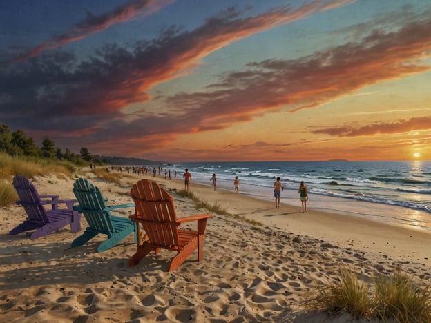 Auf dem Bild sind farbenfrohe Adirondack-Stühle am Strand zu sehen, die auf weichen Sand blicken. Einige Menschen spazieren entlang des Wassers, während die Sonne am Horizont untergeht und den Himmel in warmen Farben erleuchtet. Diese Szenerie erinnert an die wunderschönen Strände von Traverse City, wo man die Natur und die entspannende Atmosphäre genießen kann, besonders während der Sonnenuntergänge. Die Kombination aus Sand, Wasser und den Stühlen schafft eine einladende Stimmung für einen entspannten Tag am Strand.