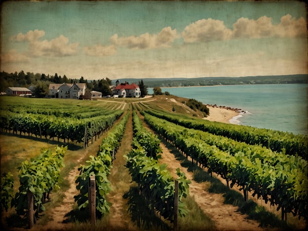 Auf dem Bild ist eine malerische Weinlandschaft zu sehen, die typisch für die Weinregion rund um Traverse City ist. Die sanften Hügel sind mit Weinreben bepflanzt, die in geregelten Reihen angeordnet sind. Im Hintergrund erkennt man einige Gebäude, wahrscheinlich Weingüter oder Wohnhäuser, und in der Ferne das glitzernde Wasser eines Sees oder einer Bucht. Der Himmel ist klar mit einigen Wolken, was ein angenehmes und einladendes Ambiente schafft. Diese Region ist bekannt für ihren Weinbau und die atemberaubenden Ausblicke auf die Natur.