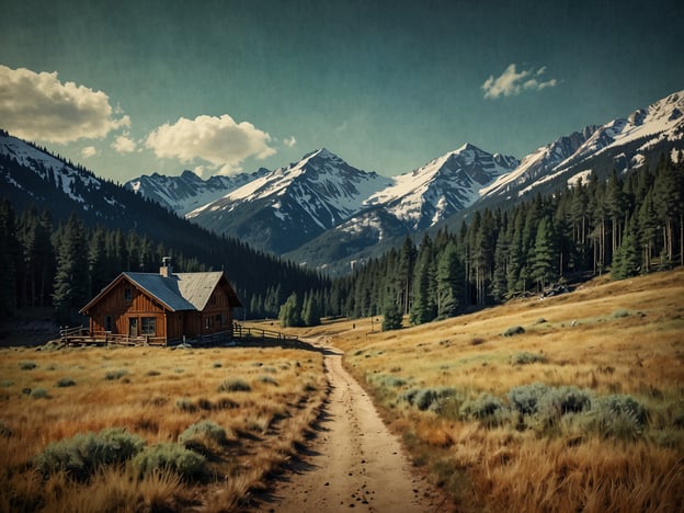 Auf dem Bild ist eine idyllische Landschaft zu sehen, die sich in den Bergen von Aspen befindet. Im Vordergrund sieht man ein einsames, rustikales Holzhaus, umgeben von sanften Wiesen und einem staubigen Weg, der in die Ferne führt. Im Hintergrund erheben sich majestätische Berge mit schneebedeckten Gipfeln, die die beeindruckende Natur der Region unterstreichen. Die Szenerie strahlt eine friedliche und malerische Atmosphäre aus, typisch für die atemberaubende Umgebung von Aspen.