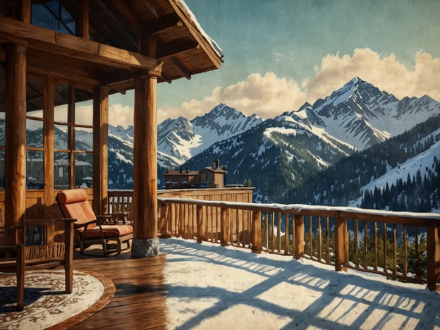 Auf dem Bild ist eine eindrucksvolle Aussicht von einer Holzveranda zu sehen, die sich über schneebedeckte Berge erstreckt. Die Umgebung strahlt eine friedliche und luxuriöse Atmosphäre aus, perfekt um Luxus erleben in Aspen zu genießen. Die Kombination aus modernem Holzdesign und der majestätischen Naturkulisse lädt dazu ein, die Ruhe und die Schönheit der Berge in vollen Zügen zu genießen.