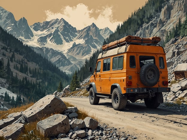 Auf dem Bild ist ein orangefarbener Geländewagen zu sehen, der auf einem unbefestigten Weg in einem bergigen Gebiet fährt. Die Umgebung ist geprägt von majestätischen Bergen, die teilweise mit Schnee bedeckt sind, und üppigen Wäldern. Große Steine und Schotter säumen den Weg, was darauf hindeutet, dass dies ein abenteuerlicher Ort ist, ideal für Abenteuer abseits der Piste. Der Geländewagen scheint für Erkundungen in der Natur gut vorbereitet zu sein, möglicherweise mit Campingausrüstung auf dem Dach.