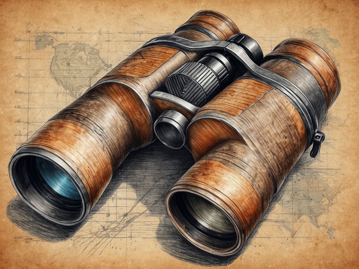 Ein detailreiches, künstlerisches Rendering eines Fernglases aus Holz und Metall. Das Fernglas liegt auf einem leicht strukturierten, beige Hintergrund, der eine skizzierte Weltkarte zeigt. Die Linsen des Fernglases sind deutlich erkennbar, mit verschiedenen Farbtönen, die dem Material Tiefe verleihen. Die beiden Okulare sind symmetrisch angeordnet, und die gesamte Konstruktion wirkt sowohl vintage als auch funktional.