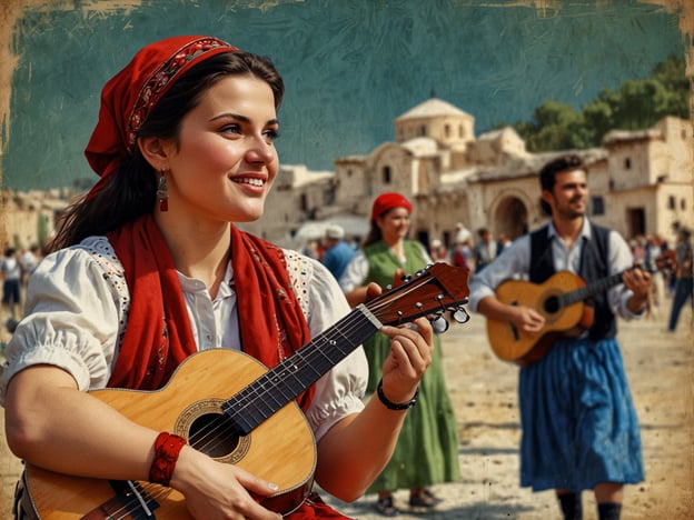 Auf dem Bild ist eine junge Frau zu sehen, die eine Gitarre spielt und dabei lächelt. Sie trägt traditionelle albanische Kleidung, darunter ein rotes Kopftuch und eine Bluse mit dekorativen Elementen. Im Hintergrund sieht man weitere Personen, die ebenfalls traditionelle Trachten tragen und musizieren oder tanzen.

In der albanischen Kultur spielt Musik eine zentrale Rolle. Instrumente wie die **Hurdy-Gurdy** und die **Çiftelia** sind charakteristisch, und Folklore-Musik hat tief verwurzelte Traditionen, die oft bei Festen und Feiern zum Ausdruck kommen. Die Volkstänze, die oft in Gruppen aufgeführt werden, sind ein wichtiger Bestandteil gesellschaftlicher Zusammenkünfte und vermitteln das Gefühl von Gemeinschaft und Identität.