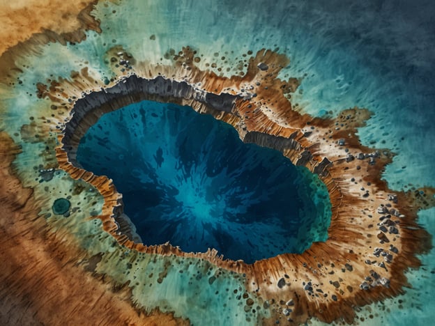 Das Bild zeigt eine atemberaubende Ansicht des Great Blue Hole, einem riesigen Unterwassertrichter vor der Küste von Belize. Dieser bekannte Standort ist ein beliebtes Ziel für Taucher und Abenteuerlustige und gehört zum Lighthouse Reef Atoll. 

Mit einem Durchmesser von etwa 300 Metern und einer Tiefe von über 120 Metern ist das Great Blue Hole für seine beeindruckenden Farbverläufe und seine einzigartige Geologie berühmt. Es entstand während der letzten Eiszeit, als das Gebiet trockengelegt war, und bietet heute einen Lebensraum für eine Vielzahl von Meereslebewesen. Die tiefblaue Farbe des Wassers und die kreisförmige Form machen es zu einem faszinierenden Anblick, sowohl aus der Luft als auch unter Wasser.