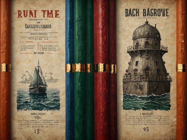 Auf dem Bild sind zwei alte, illustrierten Seiten zu sehen, die an ein Buch oder eine Schriftrolle erinnern. Auf der linken Seite steht "RUN TIME" und zeigt ein Schiff auf dem Wasser, während auf der rechten Seite "BACH BAGROWE" zu lesen ist, das eine Art Leuchtturm oder Wachtturm darstellt. Es gibt verschiedene Grafiken und antike Schriftzüge.

**Tipps für Deinen Besuch:**
1. **Achte auf Details:** Schau dir die Illustrationen und Texte genau an, um die Geschichte oder Hintergrundinformation besser zu verstehen.
2. **Fotografiere:** Mache Fotos von interessanten Seiten oder Illustrationen, um sie später zu studieren.
3. **Frage nach Erklärungen:** Wenn möglich, sprich mit einem Guide oder einem Mitarbeiter vor Ort, um mehr über die Bedeutung der Abbildungen zu erfahren.
4. **Zeit mitnehmen:** Nimm dir Zeit, um alle Seiten zu betrachten; oft gibt es viele kleine Details zu entdecken.