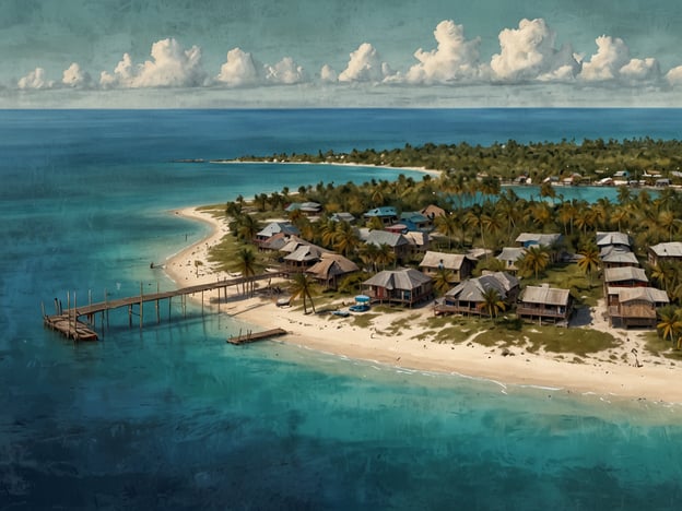 Ambergris Caye ist die größte Insel Belizes und bekannt für ihre atemberaubenden Strände und das klare, türkisfarbene Wasser. Auf dem Bild sieht man eine idyllische Küstenlandschaft mit einer Reihe von Strandhäusern, die von Palmen umgeben sind. Ein hölzerner Steg führt ins Wasser und bietet Zugang zu Bootsfahrten oder Angeltouren. Die sanfte Küstenlinie und die idyllische Umgebung machen die Szenerie besonders einladend, was typisch für die entspannte Atmosphäre von Ambergris Caye ist.