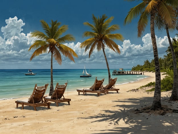 Auf dem Bild sind die schönsten Strände von Ambergris Caye zu sehen. Es zeigt einen malerischen Strand mit weißem Sand, wo sich Liegestühle unter Palmen befinden. Der klare blaue Ozean und einige Boote im Wasser sorgen für eine entspannte, tropische Atmosphäre. Der Himmel ist mit einigen Wolken versehen, was die idyllische Kulisse abrundet.