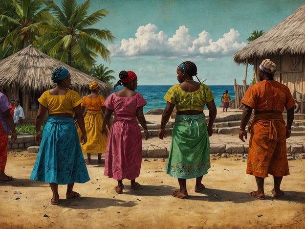 Auf dem Bild sind mehrere Frauen zu sehen, die in farbenfrohen traditionellen Kleidern durch einen Sandweg in Richtung Meer gehen. Diese Szenerie spiegelt die Kultur von San Pedro wider, einem Ort in Belize, der bekannt für seine lebendige Tradition und Gastfreundschaft ist. 

In San Pedro spielt die Gastronomie eine große Rolle, insbesondere die Verwendung frischer Meeresfrüchte und lokaler Zutaten. Die Frauen könnten unterwegs sein, um frische Fische oder Kreolische Spezialitäten zuzubereiten – eine wichtige zubereitungskulturelle Praxis in der Region. Die bunten Kleidungen symbolisieren zudem die kulturelle Identität und das Erbe der Garifuna- und Mestizo-Völker, die in dieser Region leben. Solche Bilder zeigen die enge Verbindung zwischen Kultur, Gemeinschaft und Gastronomie in San Pedro.