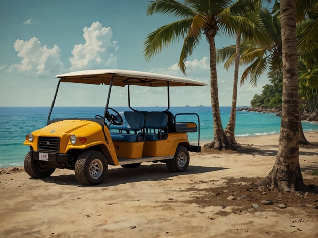 Auf dem Bild ist ein gelbes Golfcart zu sehen, das am Strand steht, umgeben von Palmen und mit Blick auf das Meer. Es vermittelt eine entspannte Urlaubsatmosphäre.

**Praktische Reisetipps für deinen Besuch:**

1. **Mietoptionen:** Wenn du ein Golfcart mieten möchtest, informiere dich vorab über die besten Anbieter am Ort.

2. **Sonnenschutz:** Vergiss nicht, Sonnencreme und einen Hut mitzunehmen, besonders wenn du am Strand bist.

3. **Wasser und Snacks:** Halte ausreichend Wasser und Snacks bereit, um dich während deiner Erkundungstour zu erfrischen.

4. **Sicherheit:** Beachte die örtlichen Verkehrsregeln, besonders wenn du auf Straßen fährst, die von Autos und anderen Fahrzeugen frequentiert werden.

5. **Erkundung:** Nutze die Gelegenheit, die Umgebung zu erkunden. Viele Strände haben versteckte Buchten oder lokale Märkte in der Nähe.

Viel Spaß beim Erkunden deines Reiseziels!