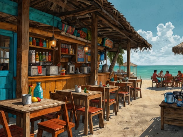 Auf dem Bild ist eine gemütliche Strandbar auf Caye Caulker zu sehen, die einladend mit bunten Hölzern und rustikalen Möbeln gestaltet ist. Der offene Raum vermittelt ein entspanntes Urlaubsgefühl, während die Tische auf dem Sand platziert sind und einen Blick auf das türkisfarbene Wasser bieten. 

In der Bar könnten kulinarische Genüsse wie frische Meeresfrüchte, ceviche und tropische Cocktails serviert werden. Das Ambiente lädt dazu ein, die lokale Küche zu genießen und dabei die spektakuläre Aussicht zu bestaunen. Auch die frischen Früchte, die auf den Tischen stehen, könnten Teil eines erfrischenden Desserts oder eines exotischen Getränks sein.