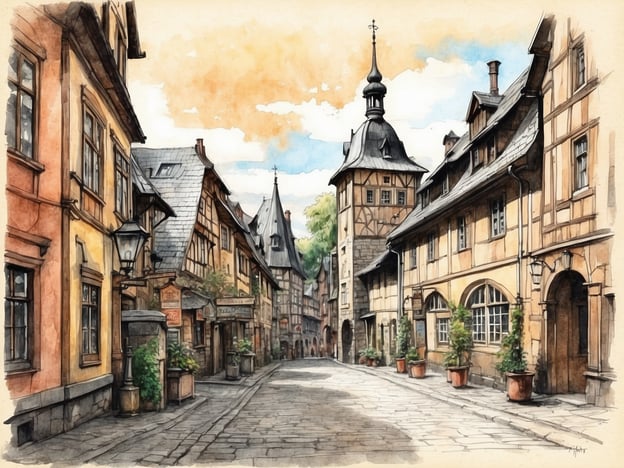 Auf dem Bild ist eine malerische, schmale Straße in einer historischen Stadt zu sehen. Die Straße ist gesäumt von traditionellen, Fachwerkhäusern mit bunten Fassaden. Es gibt Straßenlaternen und einige Töpfe mit Pflanzen, die das Straßenbild verschönern. Im Hintergrund ist ein markanter Turm mit einem spitzen Dach sichtbar, und der Himmel ist in sanften Farben gehalten, was dem Bild eine freundliche Atmosphäre verleiht.