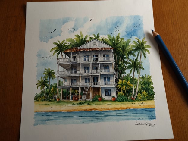 Auf dem Bild ist eine aquarellierte Darstellung eines Gebäudes in einer tropischen Umgebung zu sehen, umgeben von Palmen und einem Strand. Diese Art von Ziel könnte eine ideale Grundlage für eine Reise sein. 

Hier sind einige Tipps zur Reisevorbereitung:

1. **Wohin reisen?** Überlege dir, ob du an einem ähnlichen Ort entspannen möchtest. Schau dir Reiseziele in tropischen Regionen an.

2. **Unterkunft planen:** Informiere dich im Voraus über Unterkünfte, die ähnliche Ansichten bieten. Buche rechtzeitig, um die besten Preise zu sichern.

3. **Aktivitäten überlegen:** Recherchiere Aktivitäten in der Umgebung, wie Strandausflüge, Wassersport oder kulturelle Sehenswürdigkeiten.

4. **Reisezeit:** Informiere dich über die beste Reisezeit, um Überfüllung oder schlechtes Wetter zu vermeiden.

5. **Packliste erstellen:** Packe alles Notwendige ein, von Badekleidung bis hin zu Sonnenschutz und Erstausrüstung für eventuell geplante Aktivitäten.

6. **Budget planen:** Erstelle ein Budget für Unterkunft, Essen, Transport und Aktivitäten, um unerwartete Ausgaben zu vermeiden.

Viel Spaß bei der Reisevorbereitung!